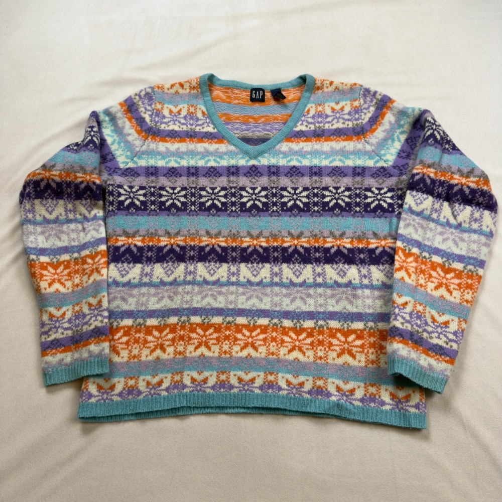 Gap Vintage Fair Isle 100% Lambswool V-Neck Sweater Women's Med Y2K Pullover EUC